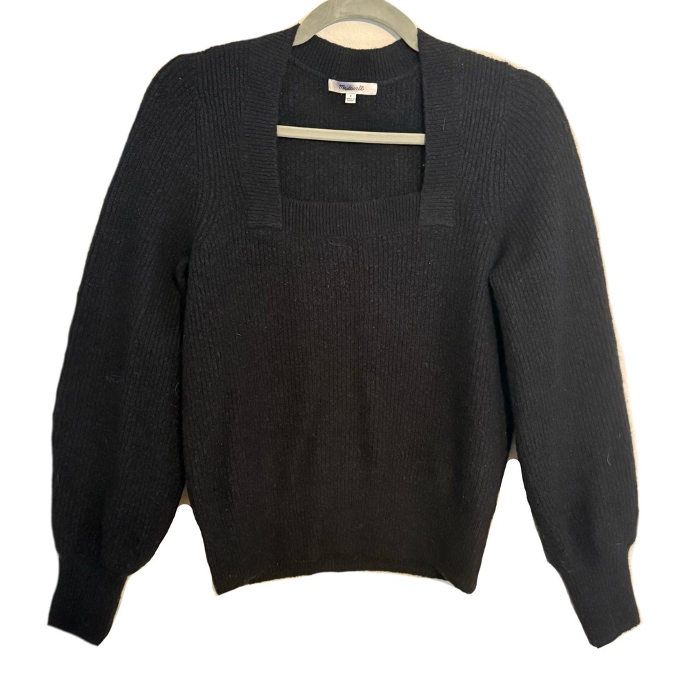 Madewell Black Ribbed Square Neck Puff Sleeve‎ Wool Blend Sweater Small
